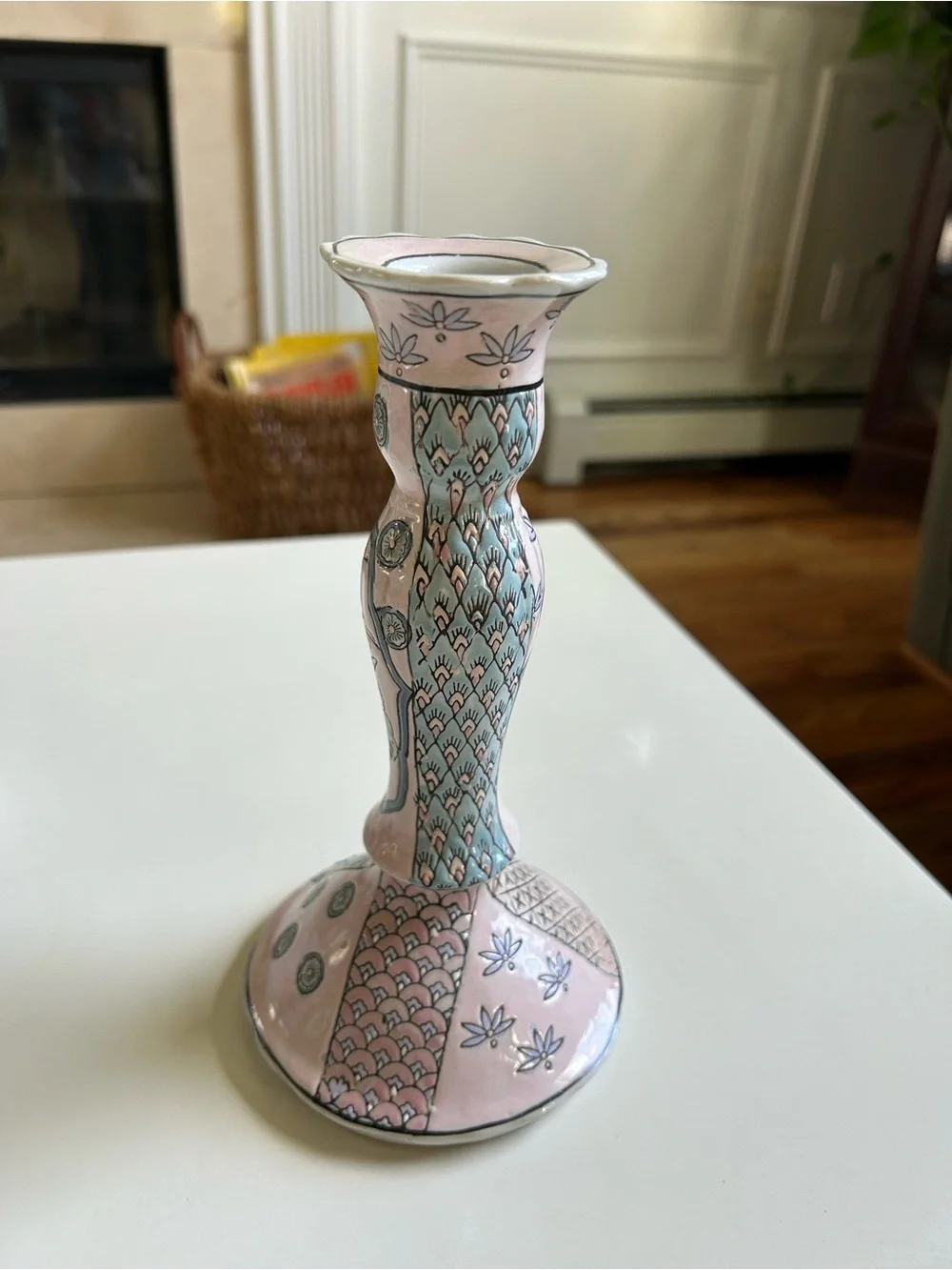 Tojo Bainbridge Hand-Painted Pink Floral Ceramic Candlestick Pair